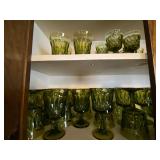 1970s Anchor Hocking Fairfield Avocado Green Vintage Stemware, Colonial Green and Clear Stemware