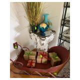 Decorative Aqua Glass Blown Vase and blue Candy Dish, White Pedestal, Large Metal Santa Sleigh