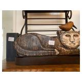 Wrought Iron Shelf and Hand Carved Wooden Cat