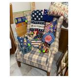 Red, White, Blue Celebration items and Wingback Covered Chair