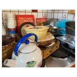 Kitchen items, pots, pans and serving pieces