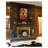 Cowhides, decorative birdcage, colorful plates, fireplace accessories
