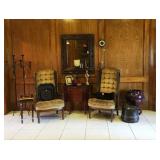 Chairs, curved front commode, lamp, clock and side table