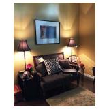 Lamps, love seat, end tables, artwork, rug
