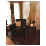 Leather chair, lamp, clock, occasional table