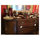 Buffet, crystal and silverplate serving pieces