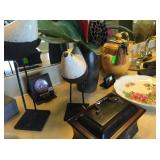 Decorative bird, plate, flower arrangement