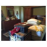 Queen bedroom set, pillows, trunk and accessories