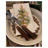 Pair of Carving Knife and Fork, festive t-towels 