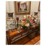 Asian style Sofa Table, Matching Pair of Large Asisan Vases, Large Gold Gilt Mirror