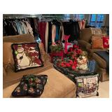 Pair of side chairs and ottoman, hoilday pillows 