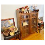 Antique Oak and Glass Curio Cabinet and Matching pair of leather bar stools