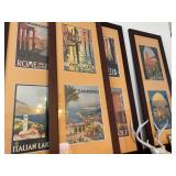 Assortment of vintage framed travel posters from around the world