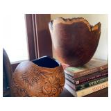 Hand carved wooden Mesquite bowl by J B Holton and Carved Gourd, Wester Flower Vessel by Helen Marvi