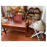 Two seat wooden bench with drawers, metal butterflies and dragonflies 