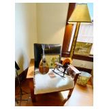 Mission style leather chair needs TLC and Art Deco Floor Lamp and Wooden Pony