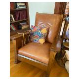 Stickley Mission Rocker, oak, leather cushions, date stamped Apr111996