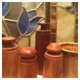 Stained glass, small wooden containers