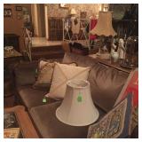Sofa, lamps, lamp shades, pillows