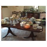 Dining table, buffet, silver plate, crystal