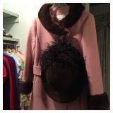 Pink ladies coat with mink trim, ladies hat