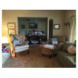 Leather chair, sofa, lamps, art