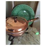 Copper chaffing dish and decorative green plate