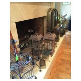 Wrought iron candleabras, fireplace screen