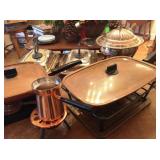 Copper chaffing dishes and silver plate serving pieces 