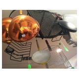 Overhead pot rack, copper cookware, crepe pan
