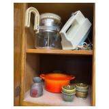 Hand mixer, Vintage percolator coffee pot, Le Crueset from France, small casserole dish labled wit