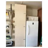 Storage cabinet with shelves 8 feet tall and Insignia upright Freezer, Model NSUZ14XWH7