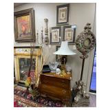 Set of 4 Antique lithographs on parchment paper and Bombay chest, lamps and more