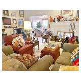 Fabric covered overstuffed green corduroy couch, love seat and MORE