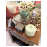 End Table filled with decoratives including polished agate quartz bookends