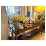 Sofa Table, bamboo trimmed and filled with decoratives