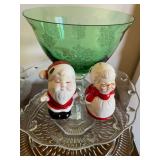 Green Bowl, Cut Glass, Santa Salt Shakers
