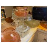 Antique Footed Cake Plate, Refrigerator Jar, Pink Depression Glass