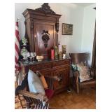 1 ab Antique German Baroque Revival, marble, carved cabinet, 2 pc, Renaissance Revival Savonarola folding chair, Antique Tiger Oak Rocker