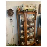 1 Oak China Cabinet filled with Crown potteries, 8 pc place setting, made in USA