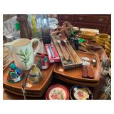 2 Mid Century table accessories including wooden plates, serving spoons, forks, trays