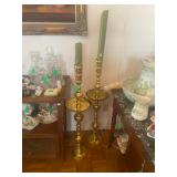 Vintage Moroccan Intricate Etched pair of brass candlesticks, 3 feet tall