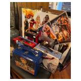 Collection of 80s lunch boxes, Adventurers, Spider Man, Captain Marvel and Power women poster