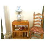 Rolling cabinet with plate rack, ladder back chair