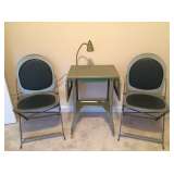 Mid-century industrial metal folding chairs and typewriter table