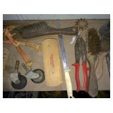 casters, wood-handled brushes