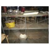 rustic metal shelf, vintage locker baskets, vintage headlights, vintage oil can