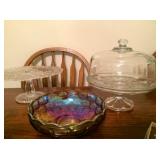 Pedestal cake plates, carnival-glass bowl