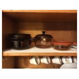 Vintage Fire King covered casserole and Visions sauce pan and saver 