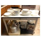 Enamel top work table with Corning ware pieces